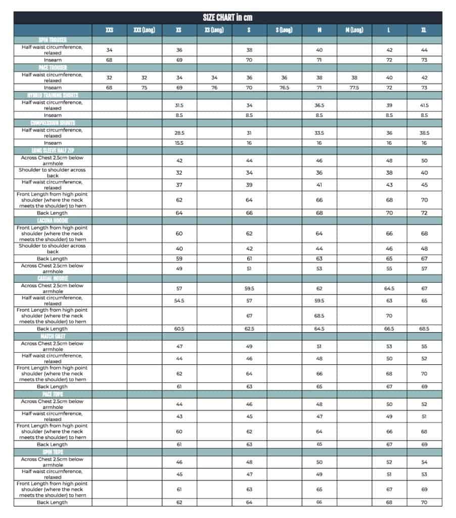 Lacuna Sports cricket wear size chart